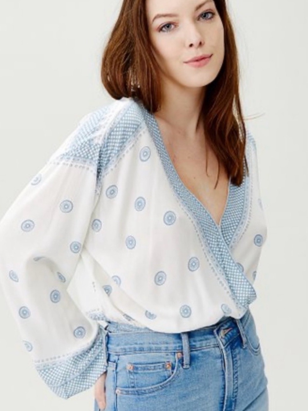 Free People White Wrap Blouse with Light Blue Print